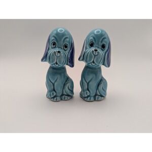 Vintage Blue Ceramic Dog Salt and Pepper Shakers Set Japan MCM Retro Hound Puppy